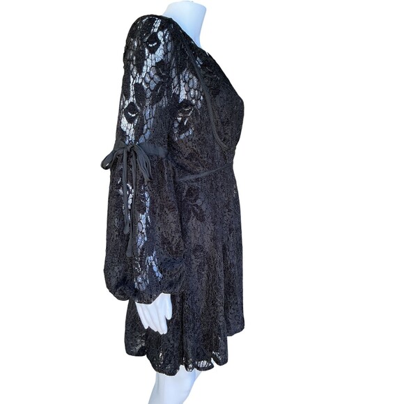 Free People Ruby Lace Mini Dress Balloon Sleeve Black BOHO Witchy Romantic Goth - Picture 5 of 16